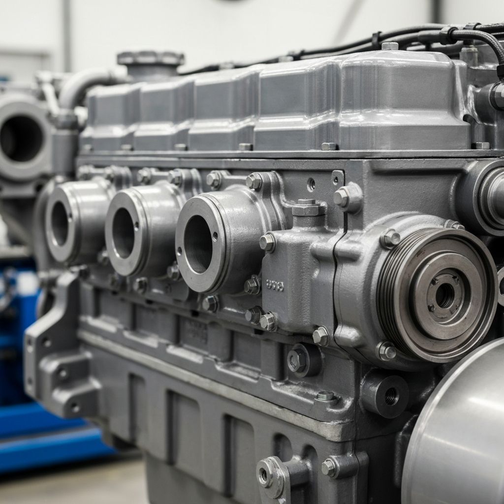 Close-up of a heavy diesel engine with industrial components